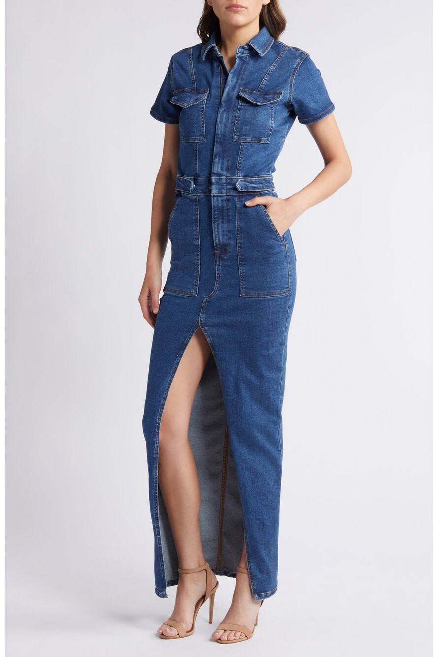 Good American Fit For Success Denim Maxi Dress Size XL Indigo Stretch Pockets